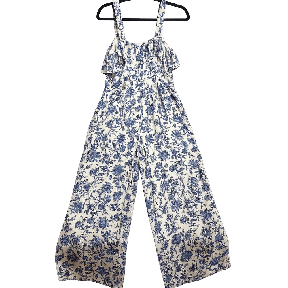 LOFT Women Blue White Floral Toile Wide Leg Ruffle Jumpsuit Size 0 Sleeveless - Picture 3 of 11